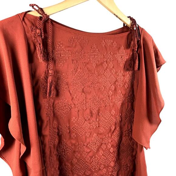 Mossimo Burnt Orange Rust Embroidered Boho Blouse Flutter Dark Fairy Size Medium - Picture 3 of 7